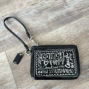 Like New! Coach Poppy Silver & Black Patent Leather Mini Wristlet